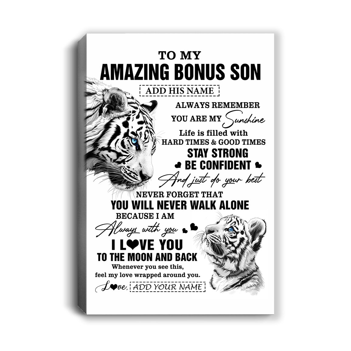 Personalized To My Amazing Bonus Son Gifts Canvas From Stepmom Stepdad White Tiger It A Big Hug Stepson Birthday Gifts Christmas Custom Wall Art Framed Canvas | siriusteestore