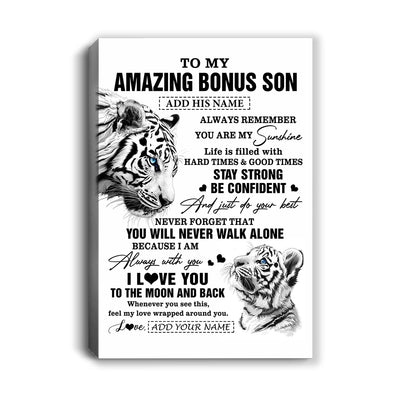 Personalized To My Amazing Bonus Son Gifts Canvas From Stepmom Stepdad White Tiger It A Big Hug Stepson Birthday Gifts Christmas Custom Wall Art Framed Canvas | siriusteestore