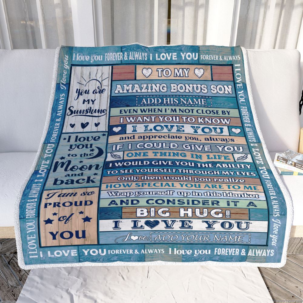 Personalized To My Amazing Bonus Son Gifts From Stepmom Stepdad Blanket Wood Great Words Birthday Gifts For Stepson Christmas Customized Fleece Throw Blanket | siriusteestore