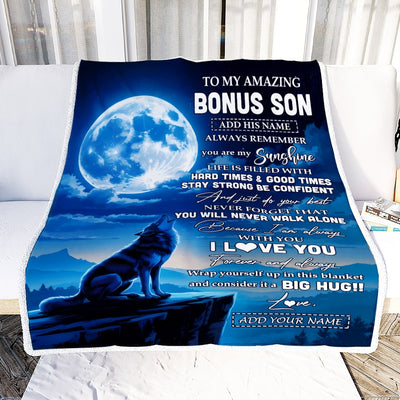 Personalized To My Amazing Bonus Son Gifts From Stepmother Stepdad Blanket Wolf My Sunshine Gifts For Stepson Birthday Graduation Christmas Fleece Blanket | siriusteestore