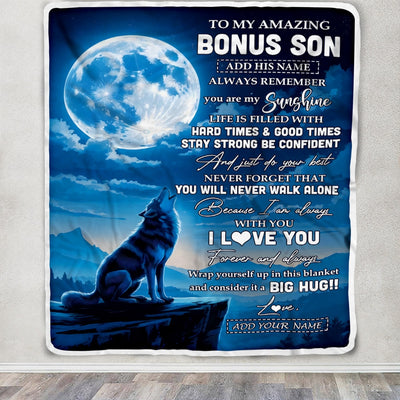 Personalized To My Amazing Bonus Son Gifts From Stepmother Stepdad Blanket Wolf My Sunshine Gifts For Stepson Birthday Graduation Christmas Fleece Blanket | siriusteestore