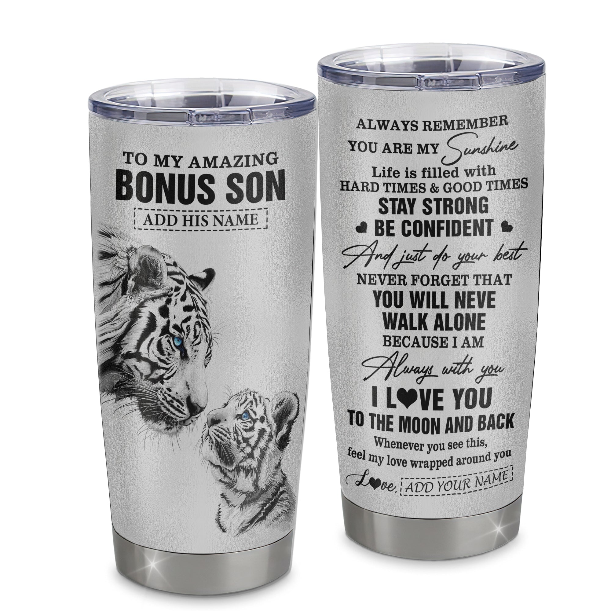 Personalized To My Amazing Bonus Son Gifts Tumbler From Stepmom Stepdad White Tiger It A Big Hug Stepson Birthday Gifts Christmas Custom Stainless Steel Travel Mug | siriusteestore
