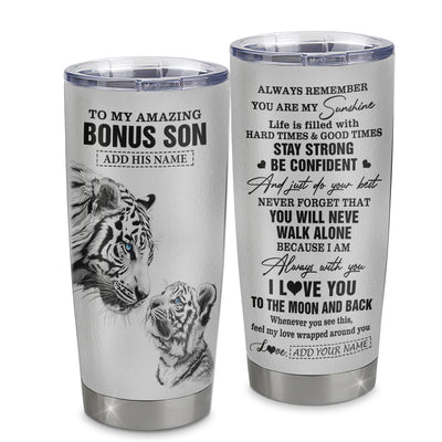 Personalized To My Amazing Bonus Son Gifts Tumbler From Stepmom Stepdad White Tiger It A Big Hug Stepson Birthday Gifts Christmas Custom Stainless Steel Travel Mug | siriusteestore