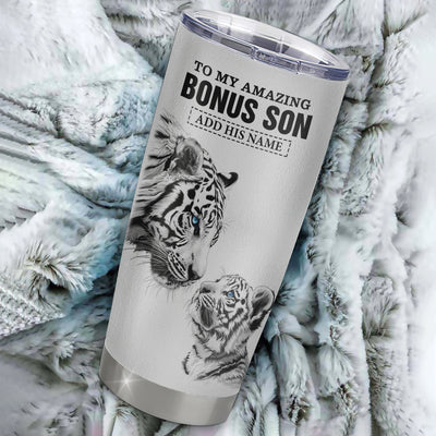 Personalized To My Amazing Bonus Son Gifts Tumbler From Stepmom Stepdad White Tiger It A Big Hug Stepson Birthday Gifts Christmas Custom Stainless Steel Travel Mug | siriusteestore