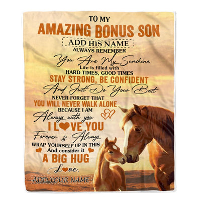 Personalized To My Amazing Bonus Son Horse Blanket From Stepmother Stepdad My Sunshine Stepson Birthday Gifts Graduation Christmas Customized Fleece Blanket | siriusteestore