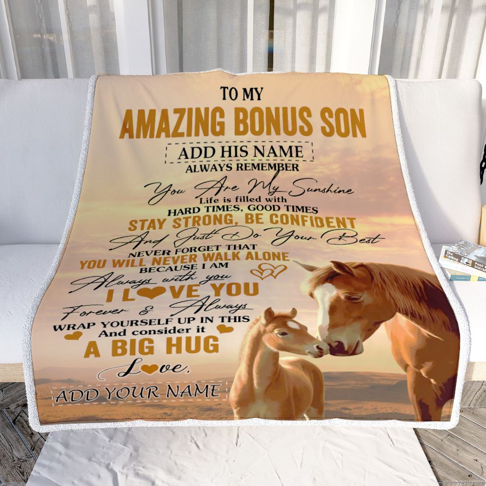 Personalized To My Amazing Bonus Son Horse Blanket From Stepmother Stepdad My Sunshine Stepson Birthday Gifts Graduation Christmas Customized Fleece Blanket | siriusteestore