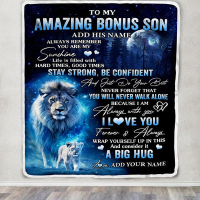 Personalized To My Amazing Bonus Son Lion Blanket From Stepdad Dad My Sunshine Stepson Birthday Gifts Graduation Christmas Customized Fleece Blanket | siriusteestore