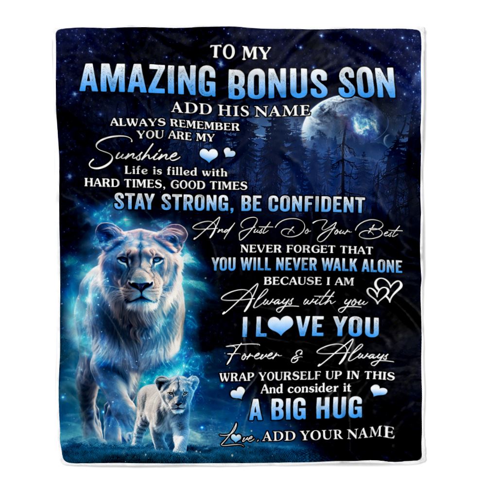 Personalized To My Amazing Bonus Son Lion Blanket From Stepmother My Sunshine Stepson Birthday Gifts Graduation Christmas Customized Fleece Blanket | siriusteestore