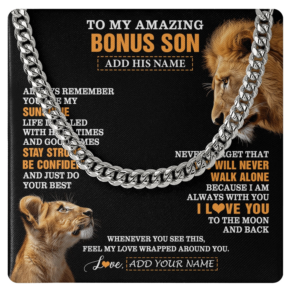 Cuban Link Chain Necklace Stainless Steel | 1 | Personalized To My Amazing Bonus Son Necklace From Bonus Dad Stepdad Lion It A Big Hug Stepson Birthday Gifts Graduation Christmas Custom Gift Box Message Card | https://siriusteestore.