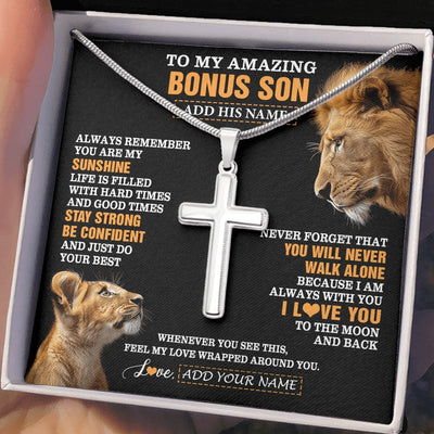 Stainless Cross Necklace Stainless Steel | 2 | Personalized To My Amazing Bonus Son Necklace From Bonus Dad Stepdad Lion It A Big Hug Stepson Birthday Gifts Graduation Christmas Custom Gift Box Message Card | https://siriusteestore.