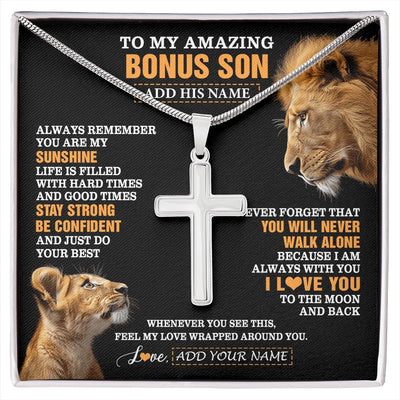 Stainless Cross Necklace Stainless Steel | 1 | Personalized To My Amazing Bonus Son Necklace From Bonus Dad Stepdad Lion It A Big Hug Stepson Birthday Gifts Graduation Christmas Custom Gift Box Message Card | https://siriusteestore.