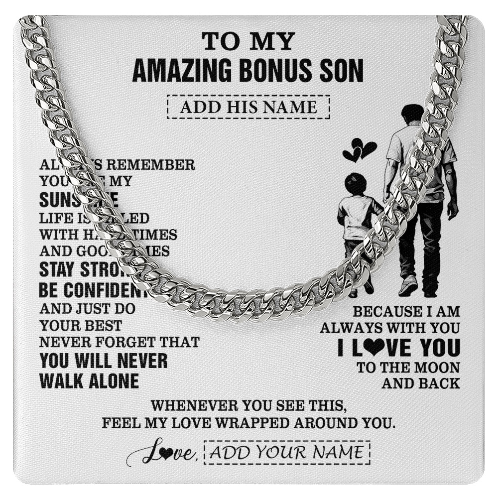 Cuban Link Chain Necklace Stainless Steel | 1 | Personalized To My Amazing Bonus Son Necklace From Bonus Dad Stepdad Man It A Big Hug Stepson Birthday Gifts Graduation Christmas Custom Gift Box Message Card | https://siriusteestore.
