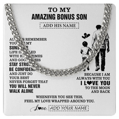 Cuban Link Chain Necklace Stainless Steel | 1 | Personalized To My Amazing Bonus Son Necklace From Bonus Dad Stepdad Man It A Big Hug Stepson Birthday Gifts Graduation Christmas Custom Gift Box Message Card | https://siriusteestore.