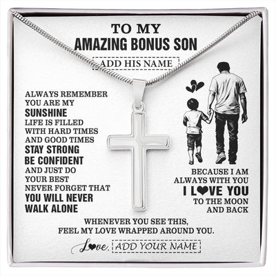 Stainless Cross Necklace Stainless Steel | 1 | Personalized To My Amazing Bonus Son Necklace From Bonus Dad Stepdad Man It A Big Hug Stepson Birthday Gifts Graduation Christmas Custom Gift Box Message Card | https://siriusteestore.