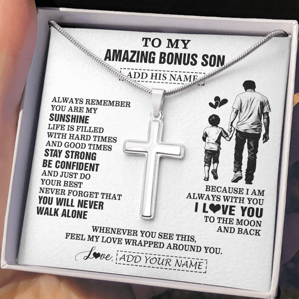 Stainless Cross Necklace Stainless Steel | 2 | Personalized To My Amazing Bonus Son Necklace From Bonus Dad Stepdad Man It A Big Hug Stepson Birthday Gifts Graduation Christmas Custom Gift Box Message Card | https://siriusteestore.