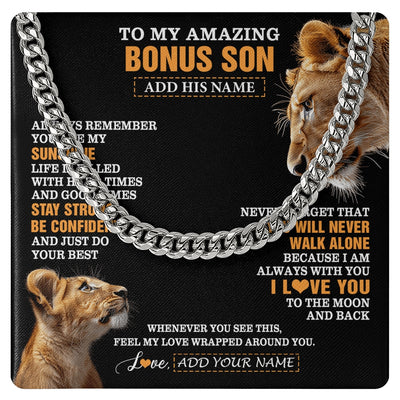 Cuban Link Chain Necklace Stainless Steel | 1 | Personalized To My Amazing Bonus Son Necklace From Bonus Mom Stepmom Lion It A Big Hug Stepson Birthday Gifts Graduation Christmas Custom Gift Box Message Card | https://siriusteestore.