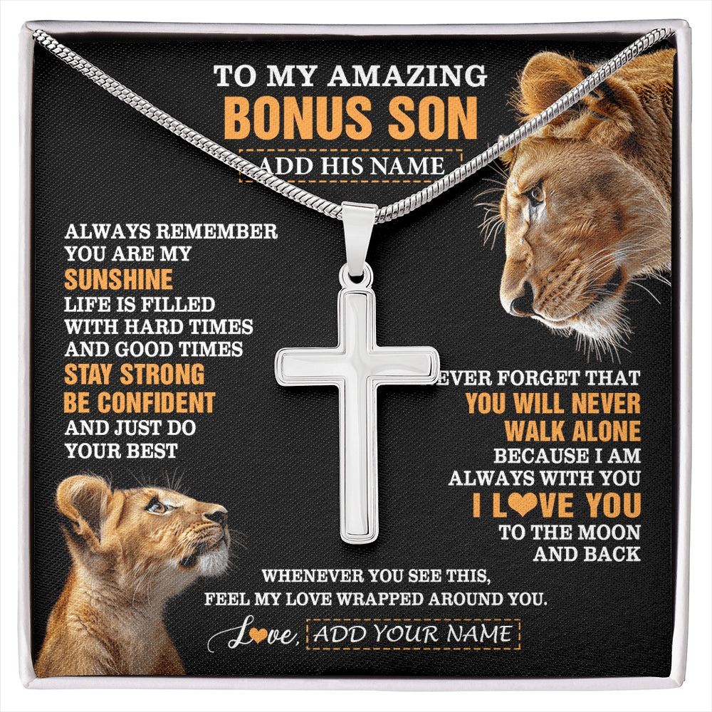Stainless Cross Necklace Stainless Steel | 1 | Personalized To My Amazing Bonus Son Necklace From Bonus Mom Stepmom Lion It A Big Hug Stepson Birthday Gifts Graduation Christmas Custom Gift Box Message Card | https://siriusteestore.