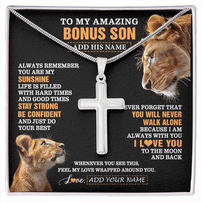 Stainless Cross Necklace Stainless Steel | 1 | Personalized To My Amazing Bonus Son Necklace From Bonus Mom Stepmom Lion It A Big Hug Stepson Birthday Gifts Graduation Christmas Custom Gift Box Message Card | https://siriusteestore.