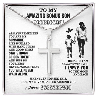 Stainless Cross Necklace Stainless Steel | 1 | Personalized To My Amazing Bonus Son Necklace From Bonus Mom Stepmom Woman It A Big Hug Stepson Birthday Gifts Graduation Christmas Gift Box Message Card | https://siriusteestore.