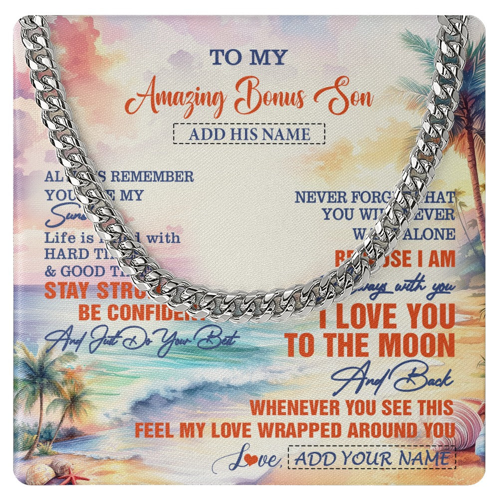 Cuban Link Chain Necklace Stainless Steel | 1 | Personalized To My Amazing Bonus Son Necklace From Stepmom Stepdad Beach It A Big Hug Stepson Birthday Gifts Graduation Christmas Custom Gift Box Message Card Shirt & Hoodie | https://siriusteestore.