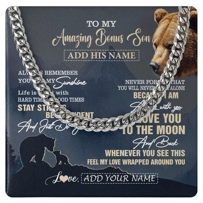 Cuban Link Chain Necklace Stainless Steel | 1 | Personalized To My Amazing Bonus Son Necklace From Stepmom Stepdad Bear It A Big Hug Stepson Birthday Gifts Graduation Christmas Custom Gift Box Message Card | https://siriusteestore.