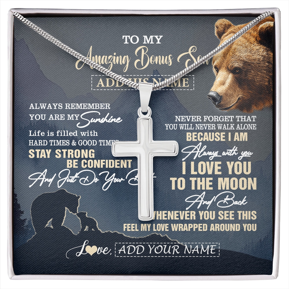 Stainless Cross Necklace Stainless Steel | 1 | Personalized To My Amazing Bonus Son Necklace From Stepmom Stepdad Bear It A Big Hug Stepson Birthday Gifts Graduation Christmas Custom Gift Box Message Card | https://siriusteestore.