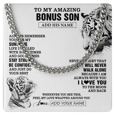 Cuban Link Chain Necklace Stainless Steel | 1 | Personalized To My Amazing Bonus Son Necklace From Stepmom Stepdad White Tiger It A Big Hug Stepson Birthday Gifts Christmas Custom Gift Box Message Card | https://siriusteestore.