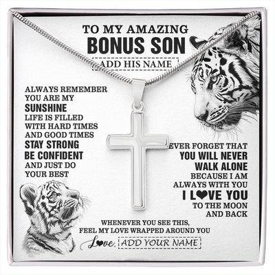 Stainless Cross Necklace Stainless Steel | 1 | Personalized To My Amazing Bonus Son Necklace From Stepmom Stepdad White Tiger It A Big Hug Stepson Birthday Gifts Christmas Custom Gift Box Message Card | https://siriusteestore.