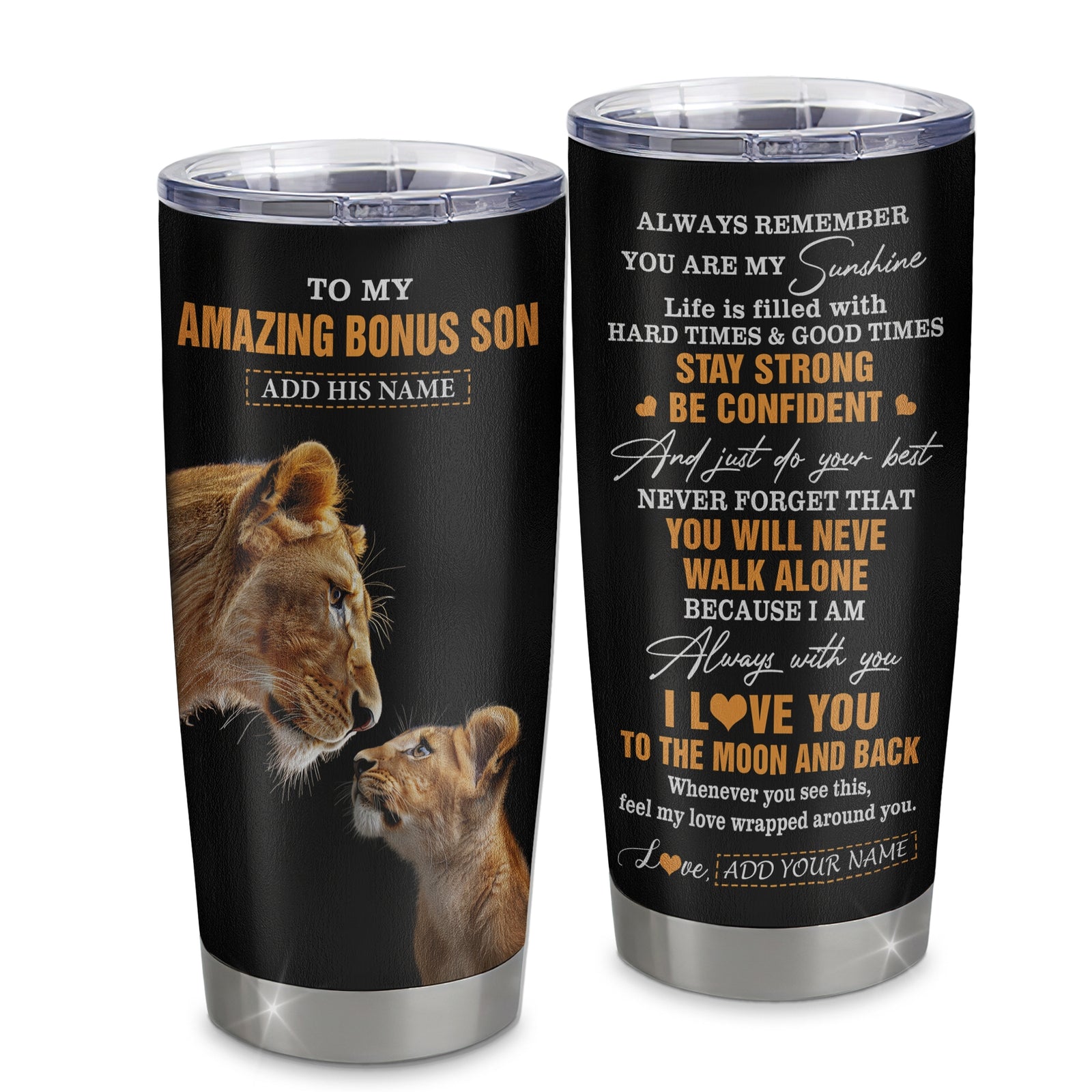 Personalized To My Amazing Bonus Son Tumbler From Bonus Mom Stepmom Lion It A Big Hug Stepson Birthday Gifts Graduation Christmas Custom Stainless Steel Travel Mug | siriusteestore