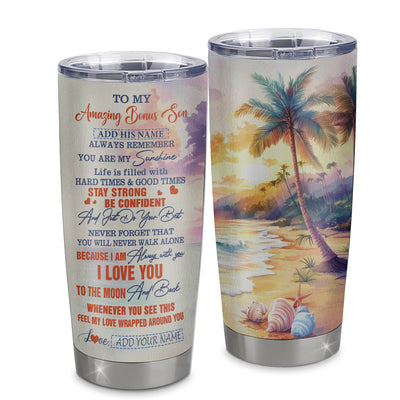 Personalized To My Amazing Bonus Son Tumbler From Stepmom Stepdad Beach It A Big Hug Stepson Birthday Gifts Graduation Christmas Custom Stainless Steel Travel Mug | siriusteestore