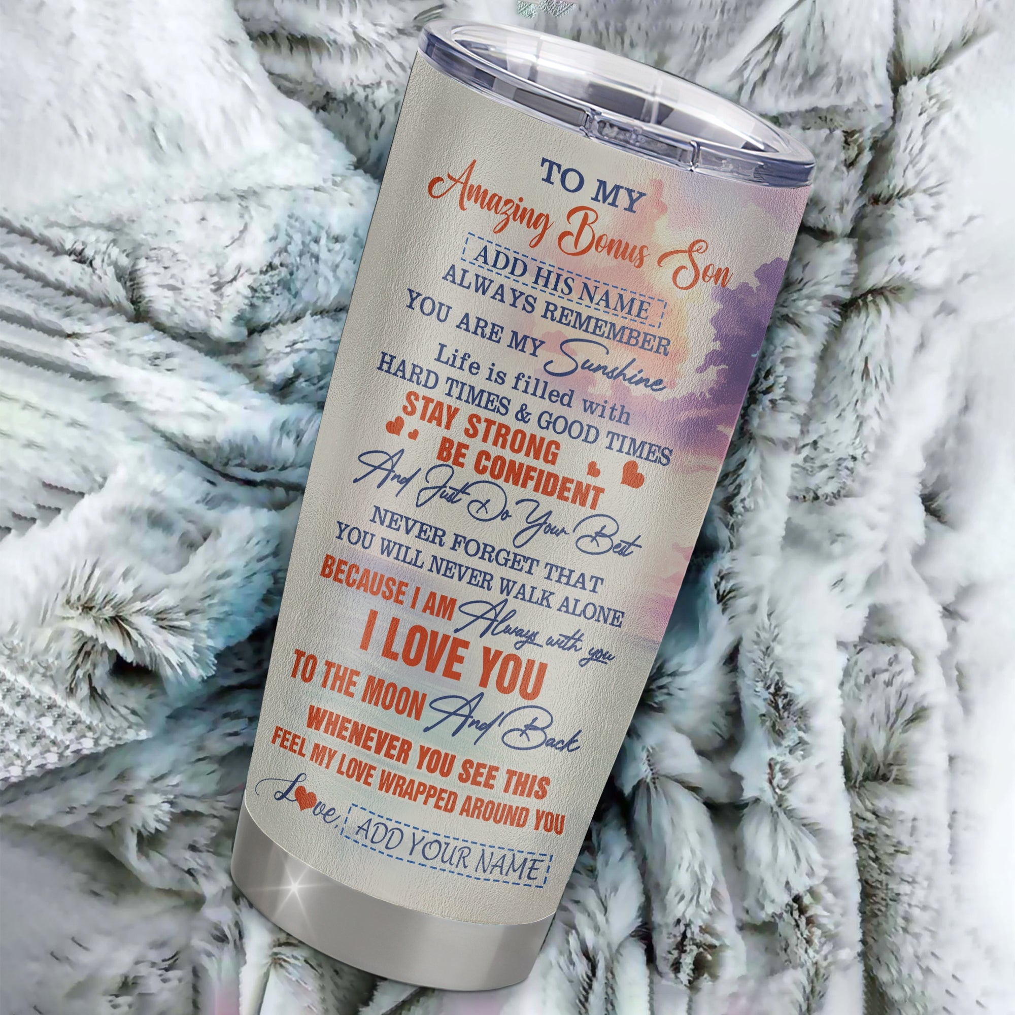 Personalized To My Amazing Bonus Son Tumbler From Stepmom Stepdad Beach It A Big Hug Stepson Birthday Gifts Graduation Christmas Custom Stainless Steel Travel Mug | siriusteestore