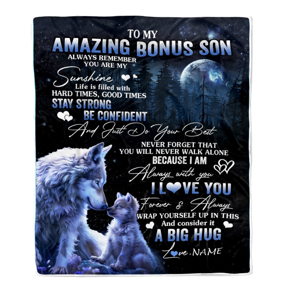 Personalized To My Amazing Bonus Son Wolf Blanket From Stepmom Stepdad Moon Wolf Stepson Birthday Graduation Christmas Customized Bed Fleece Throw Blanket | siriusteestore