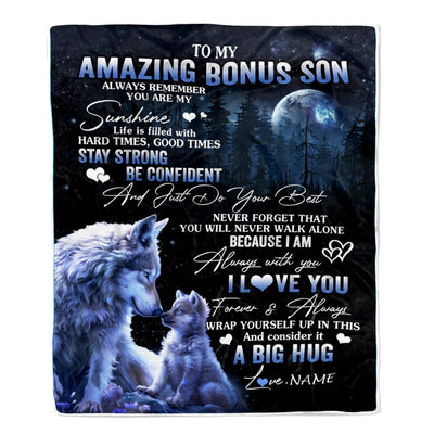 Personalized To My Amazing Bonus Son Wolf Blanket From Stepmom Stepdad Moon Wolf Stepson Birthday Graduation Christmas Customized Bed Fleece Throw Blanket | siriusteestore