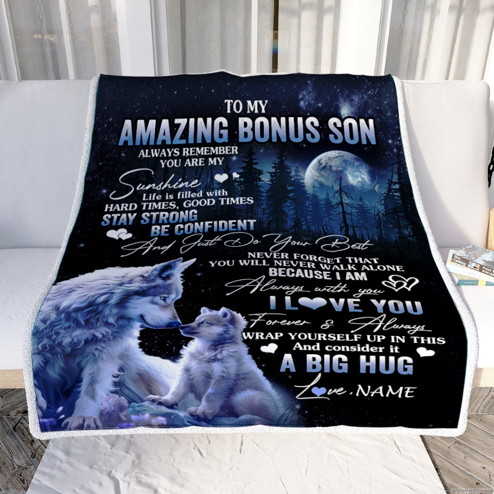Personalized To My Amazing Bonus Son Wolf Blanket From Stepmom Stepdad Moon Wolf Stepson Birthday Graduation Christmas Customized Bed Fleece Throw Blanket | siriusteestore