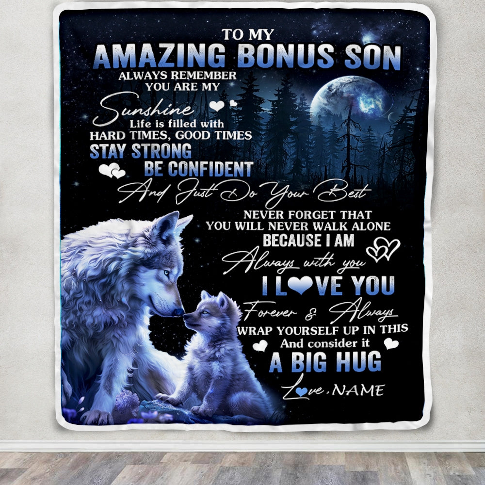 Personalized To My Amazing Bonus Son Wolf Blanket From Stepmom Stepdad Moon Wolf Stepson Birthday Graduation Christmas Customized Bed Fleece Throw Blanket | siriusteestore
