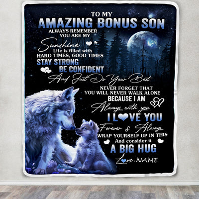 Personalized To My Amazing Bonus Son Wolf Blanket From Stepmom Stepdad Moon Wolf Stepson Birthday Graduation Christmas Customized Bed Fleece Throw Blanket | siriusteestore