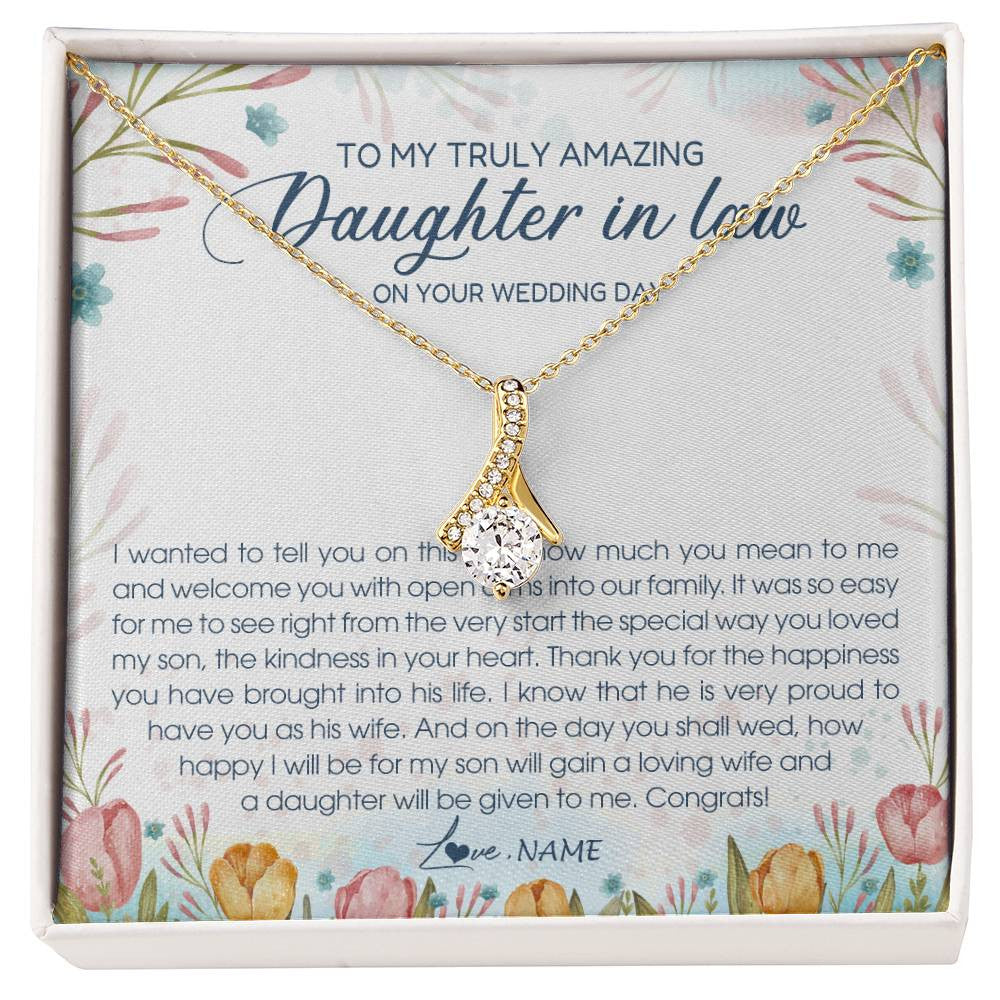 Alluring Beauty Necklace 18K Yellow Gold Finish | Personalized To My Amazing Daughter In Law Necklace from Mother In Law Daughter In Law On Your Wedding Day Bride Jewelry Customized Gift Box Message Card | siriusteestore