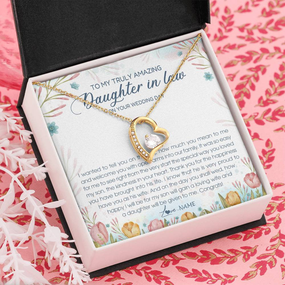 Forever Love Necklace 18K Yellow Gold Finish | Personalized To My Amazing Daughter In Law Necklace from Mother In Law Daughter In Law On Your Wedding Day Bride Jewelry Customized Gift Box Message Card | siriusteestore