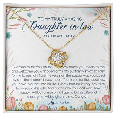 Love Knot Necklace 18K Yellow Gold Finish | Personalized To My Amazing Daughter In Law Necklace from Mother In Law Daughter In Law On Your Wedding Day Bride Jewelry Customized Gift Box Message Card | siriusteestore
