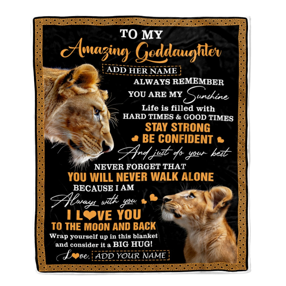 Personalized To My Amazing Goddaughter Blanket From Godmother Aunt Lion It A Big Hug Goddaughter Birthday Gifts Graduation Christmas Custom Fleece Blanket | siriusteestore