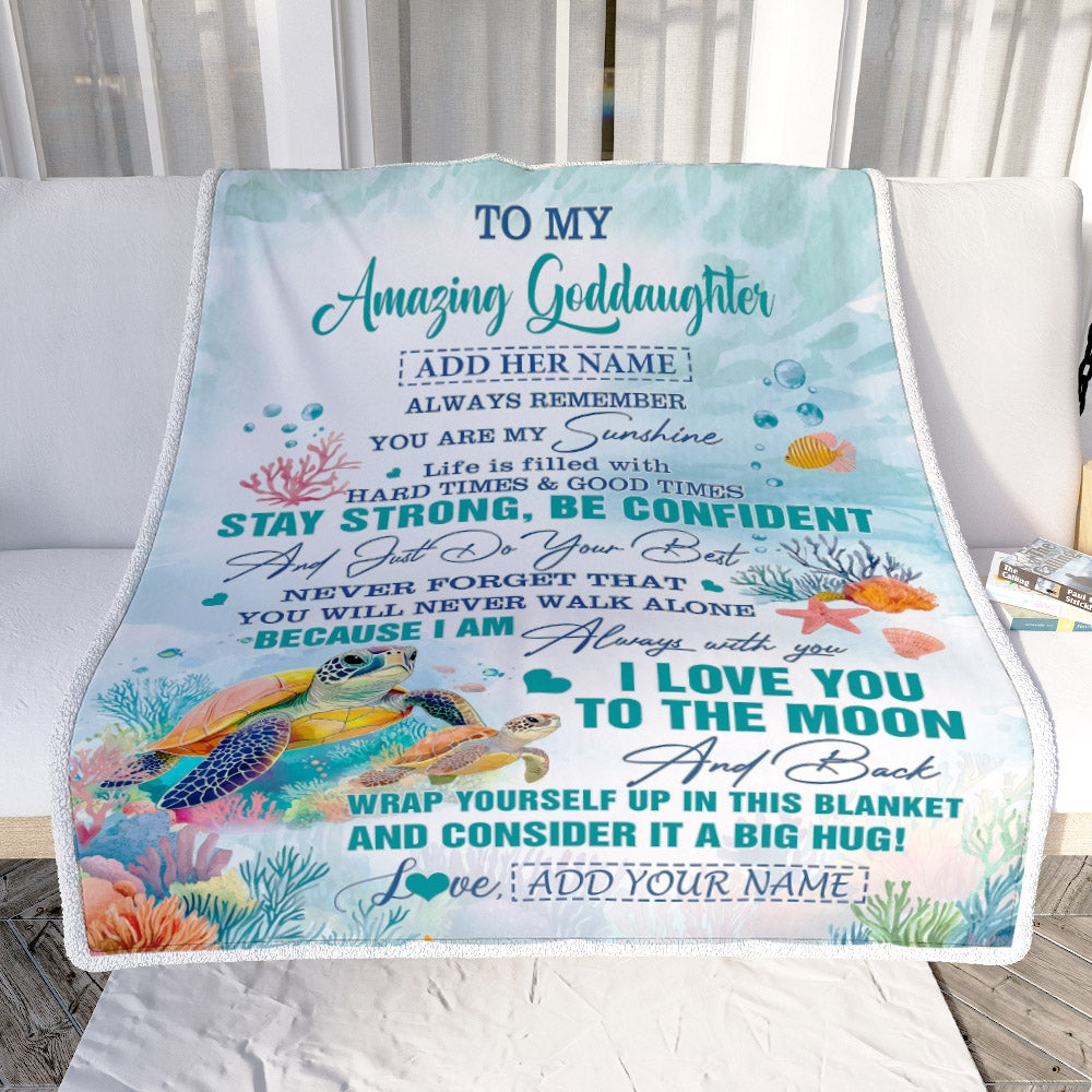 Personalized To My Amazing Goddaughter Blanket From Godmother Uncle Turtle It A Big Hug Goddaughter Birthday Gifts Graduation Christmas Custom Fleece Blanket | siriusteestore