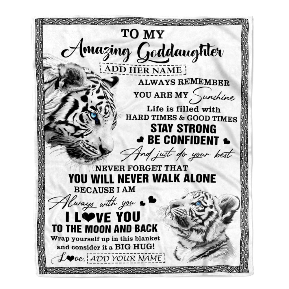 Personalized To My Amazing Goddaughter Blanket From Godmother Uncle White Tiger It A Big Hug Goddaughter Birthday Gifts Christmas Customized Fleece Blanket | siriusteestore