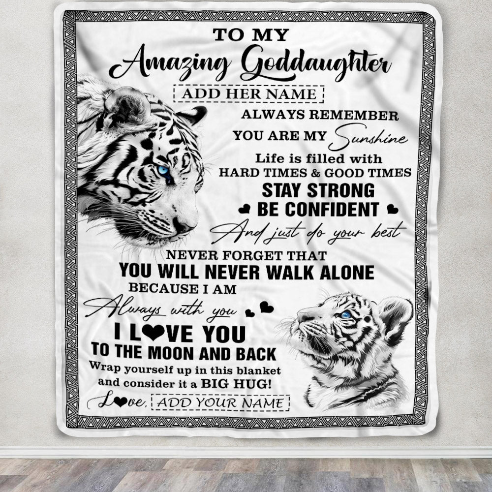 Personalized To My Amazing Goddaughter Blanket From Godmother Uncle White Tiger It A Big Hug Goddaughter Birthday Gifts Christmas Customized Fleece Blanket | siriusteestore