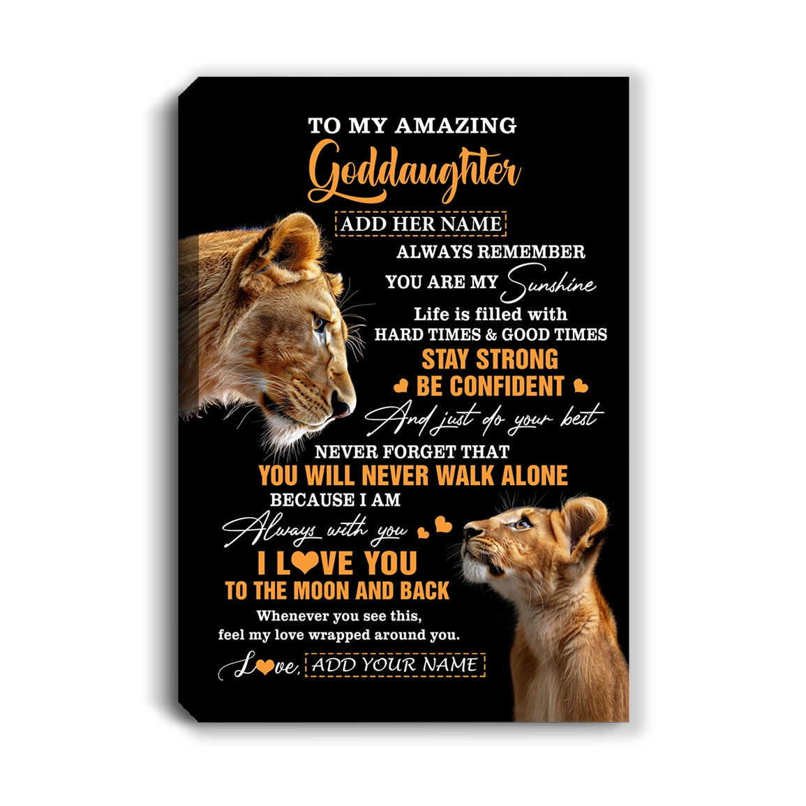 Personalized To My Amazing Goddaughter Canvas From Godmother Aunt Lion It A Big Hug Goddaughter Birthday Gifts Graduation Christmas Custom Wall Art Framed Canvas | siriusteestore