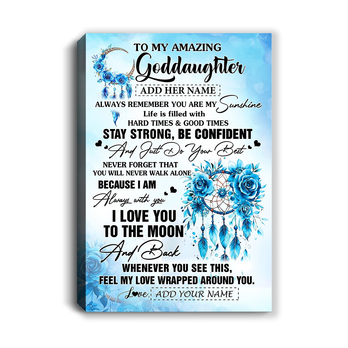 Personalized To My Amazing Goddaughter Canvas From Godmother Uncle Dream Catcher It A Big Hug Goddaughter Birthday Gifts Christmas Customized Wall Art Framed Canvas | siriusteestore