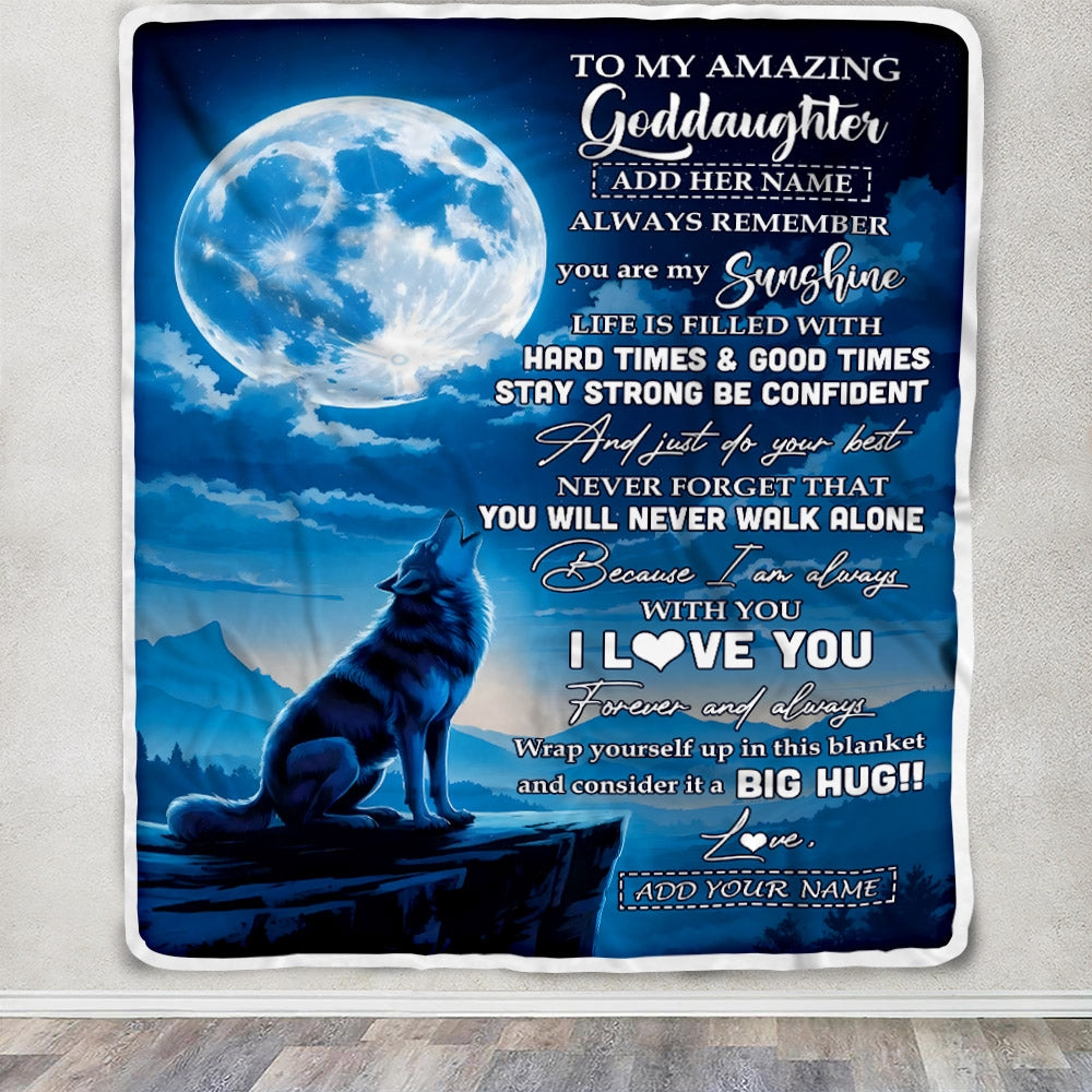Personalized To My Amazing Goddaughter Gifts From Aunt Uncle Wolf My Sunshine Gifts For Goddaughter Birthday Graduation Christmas Custom Fleece Throw Blanket | siriusteestore