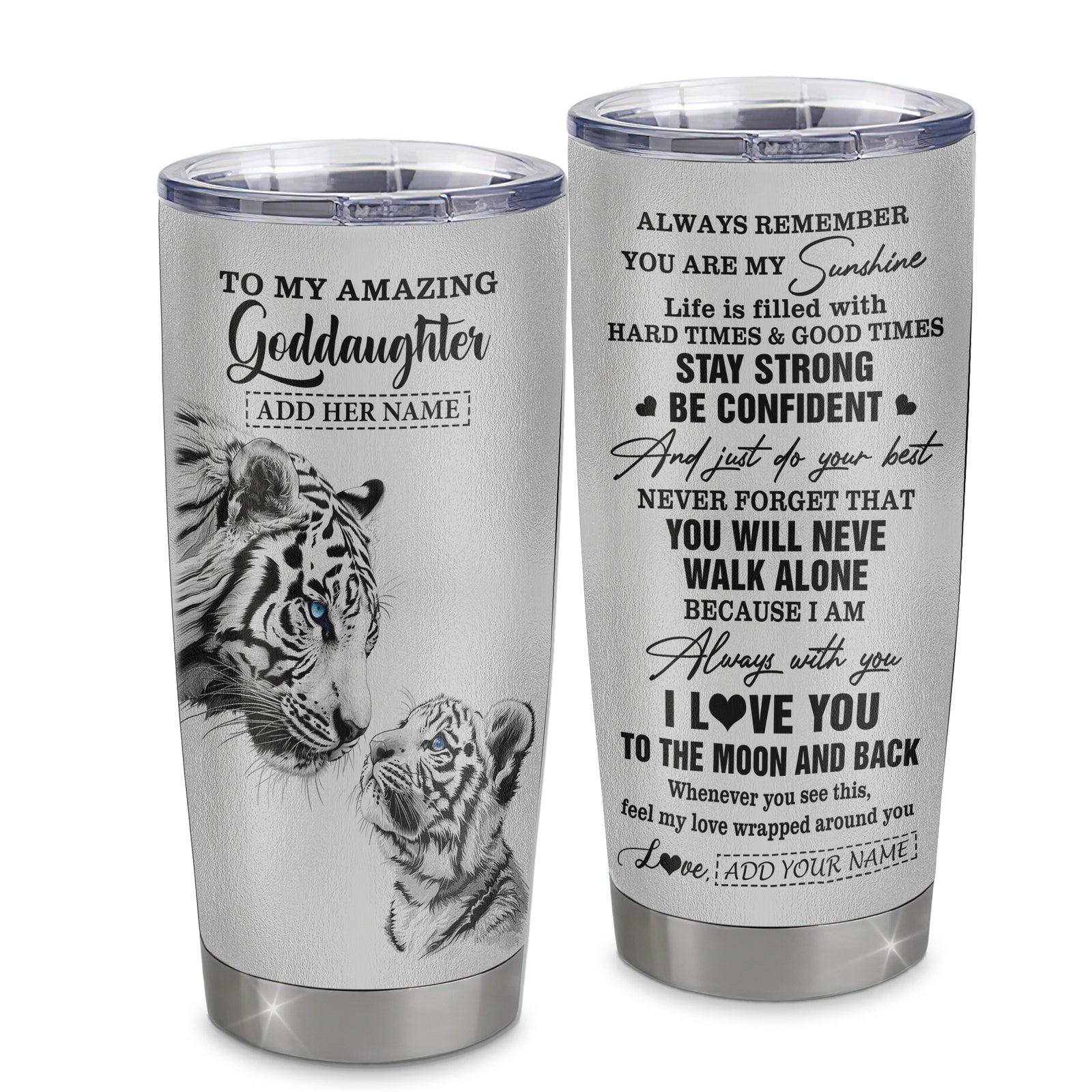 Personalized To My Amazing Goddaughter Gifts Tumbler From Godmother Godfather White Tiger It A Big Hug Goddaughter Birthday Gifts Christmas Custom Stainless Steel Mug | siriusteestore