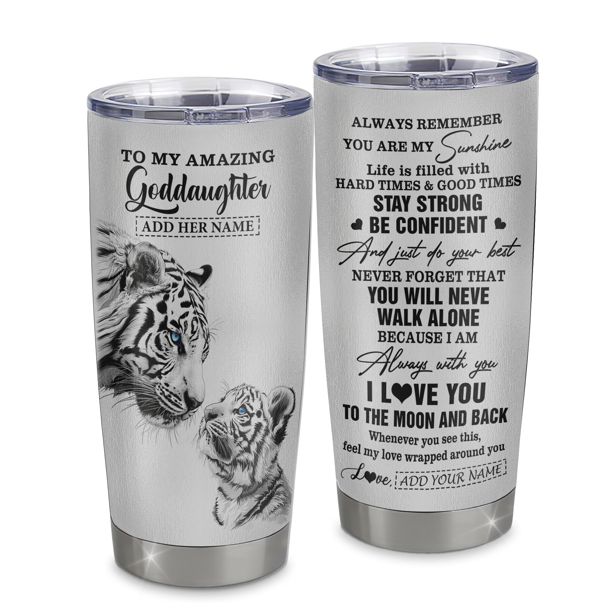 Personalized To My Amazing Goddaughter Gifts Tumbler From Godmother Godfather White Tiger It A Big Hug Goddaughter Birthday Gifts Christmas Custom Stainless Steel Mug | siriusteestore