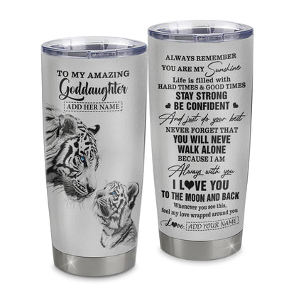 Personalized To My Amazing Goddaughter Gifts Tumbler From Godmother Godfather White Tiger It A Big Hug Goddaughter Birthday Gifts Christmas Custom Stainless Steel Mug | siriusteestore