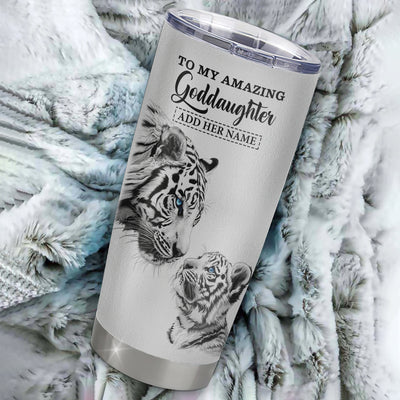 Personalized To My Amazing Goddaughter Gifts Tumbler From Godmother Godfather White Tiger It A Big Hug Goddaughter Birthday Gifts Christmas Custom Stainless Steel Mug | siriusteestore